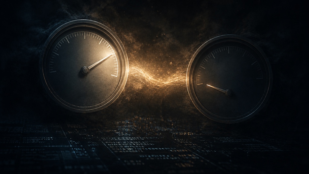 Two dials over the same dark codebase. One high and calm, showing how much ground was walked; the other far lower, showing how much was held, the gap lit as the real risk