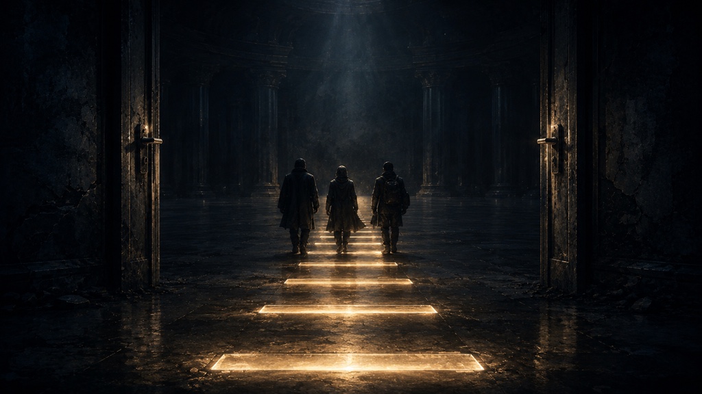 A team walking calmly into a space that was sealed and dark, the path behind them lit in verified segments