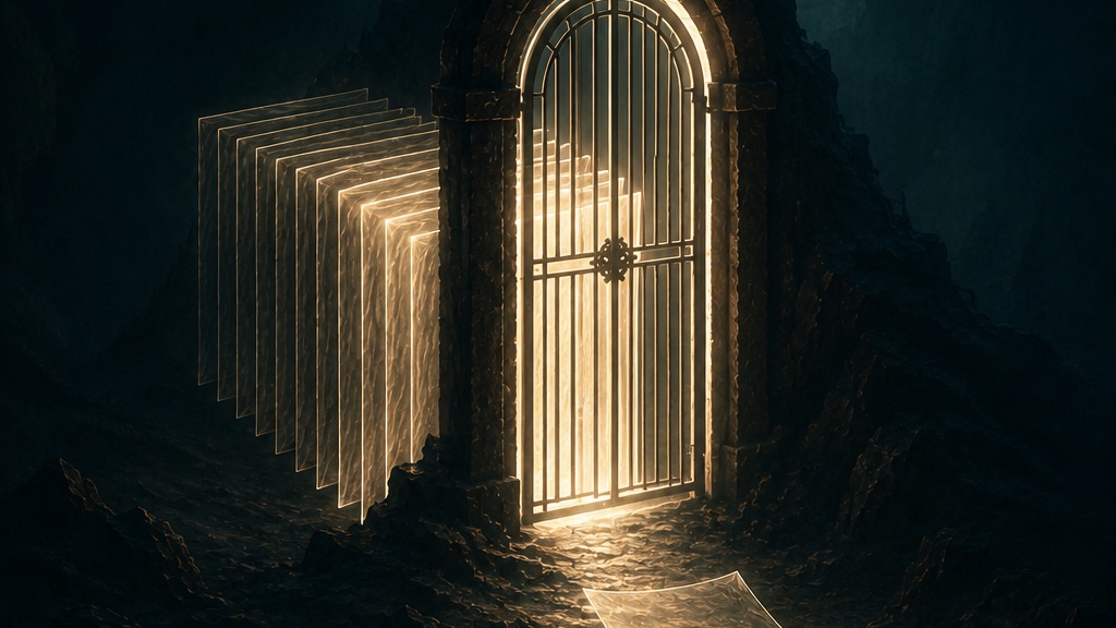 A narrow illuminated gate across a dark path, holding back a stack of eleven glowing pages while a single page is allowed through, the rest waiting in ordered light behind it