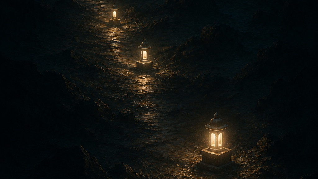 A long path of small checkpoints glowing in sequence through darkness, one checkpoint freshly relit where a new traveler has picked up exactly where the last one stopped